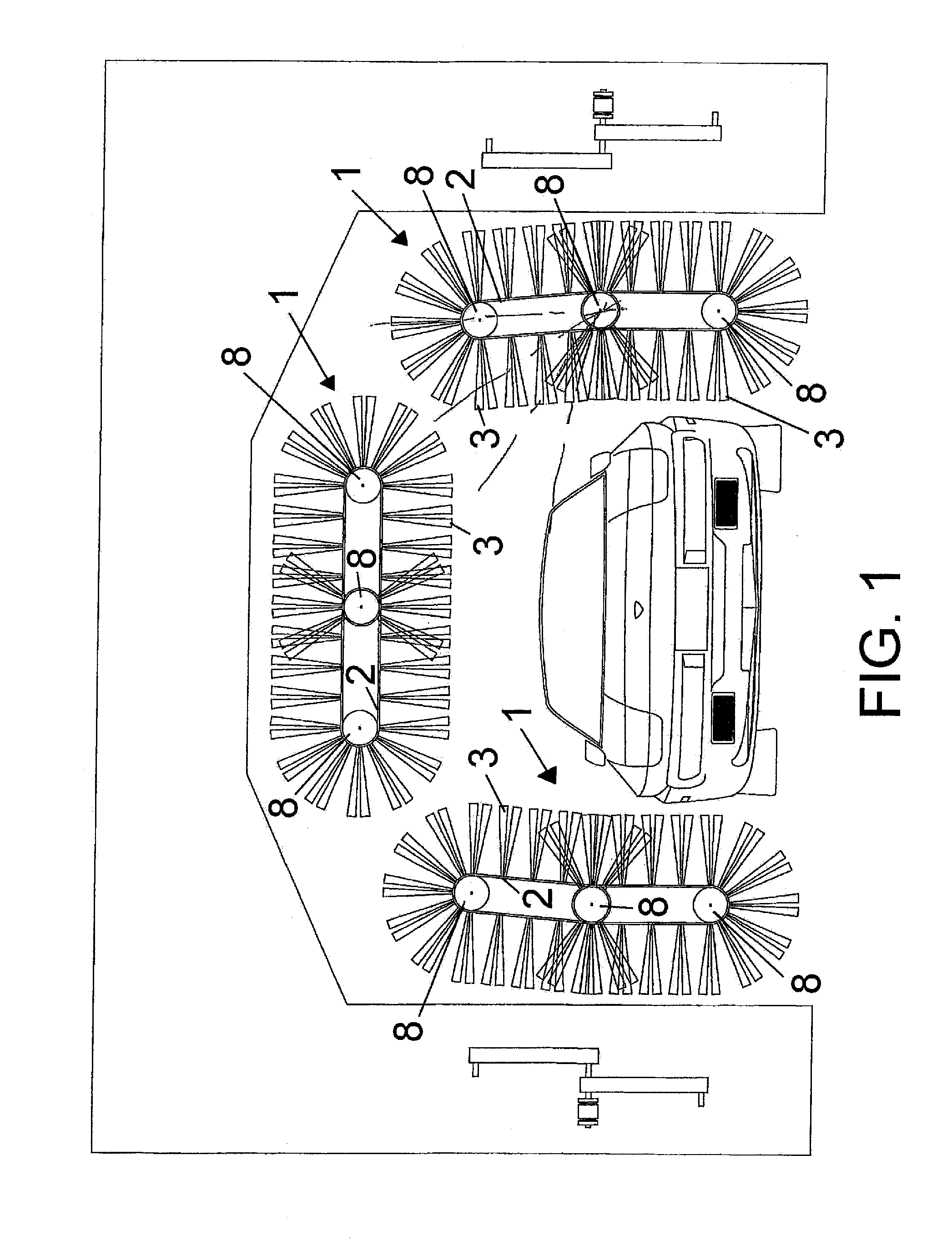 Washing bristle brush for automatic motor vehicle washing systems, including a plurality of endless belt elements entrained at the two portions thereof on entraining rollers driven by electric motors or mechanical driving members