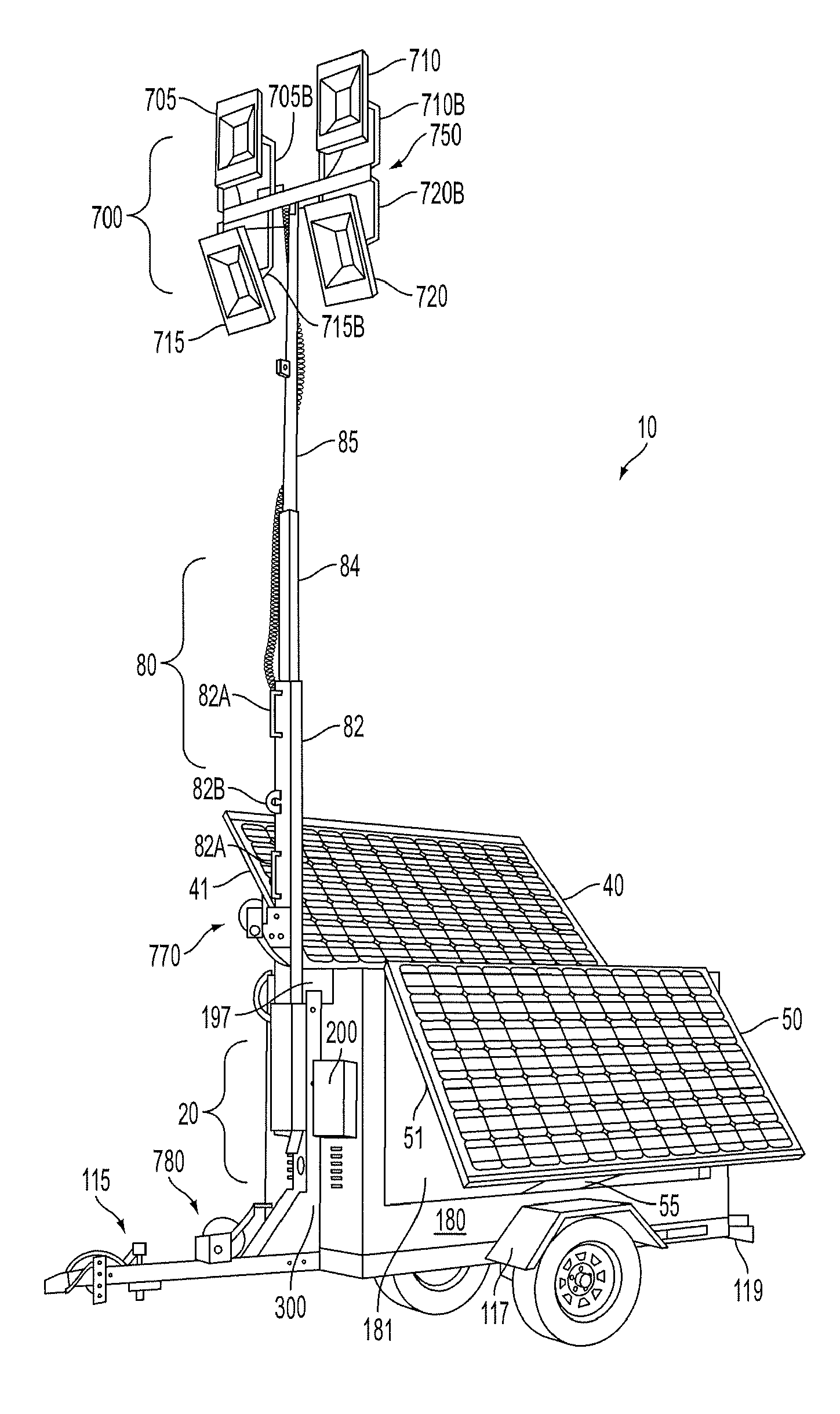 Mobile solar-powered light tower
