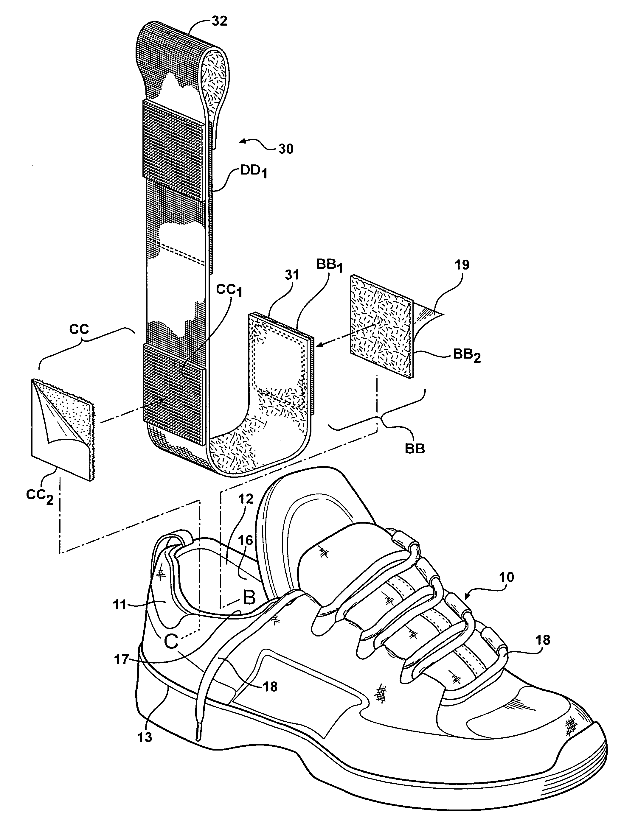 Device and method for combining an athletic shoe and conventional ankle brace to limit active ankle inversion