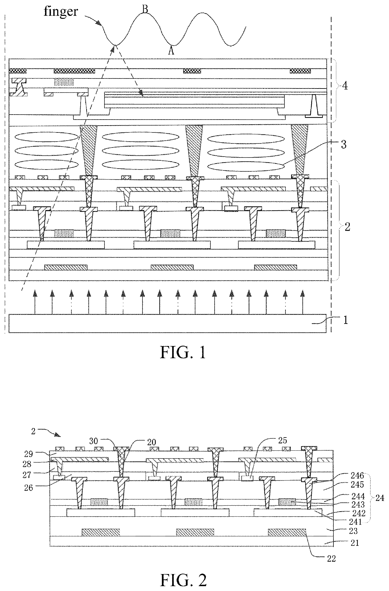 Display panel comprising a photosensitive component that receives reflected light of a fingerprint and is connected to an underside of a second thin film transistor layer and display device