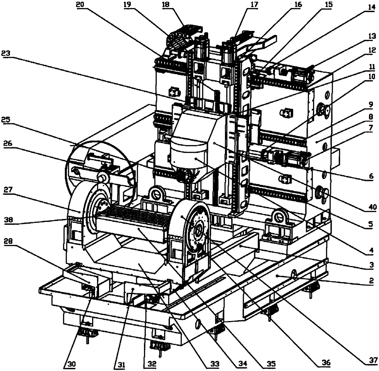 Horizontal type five-axis combined machining center with turning plate structure