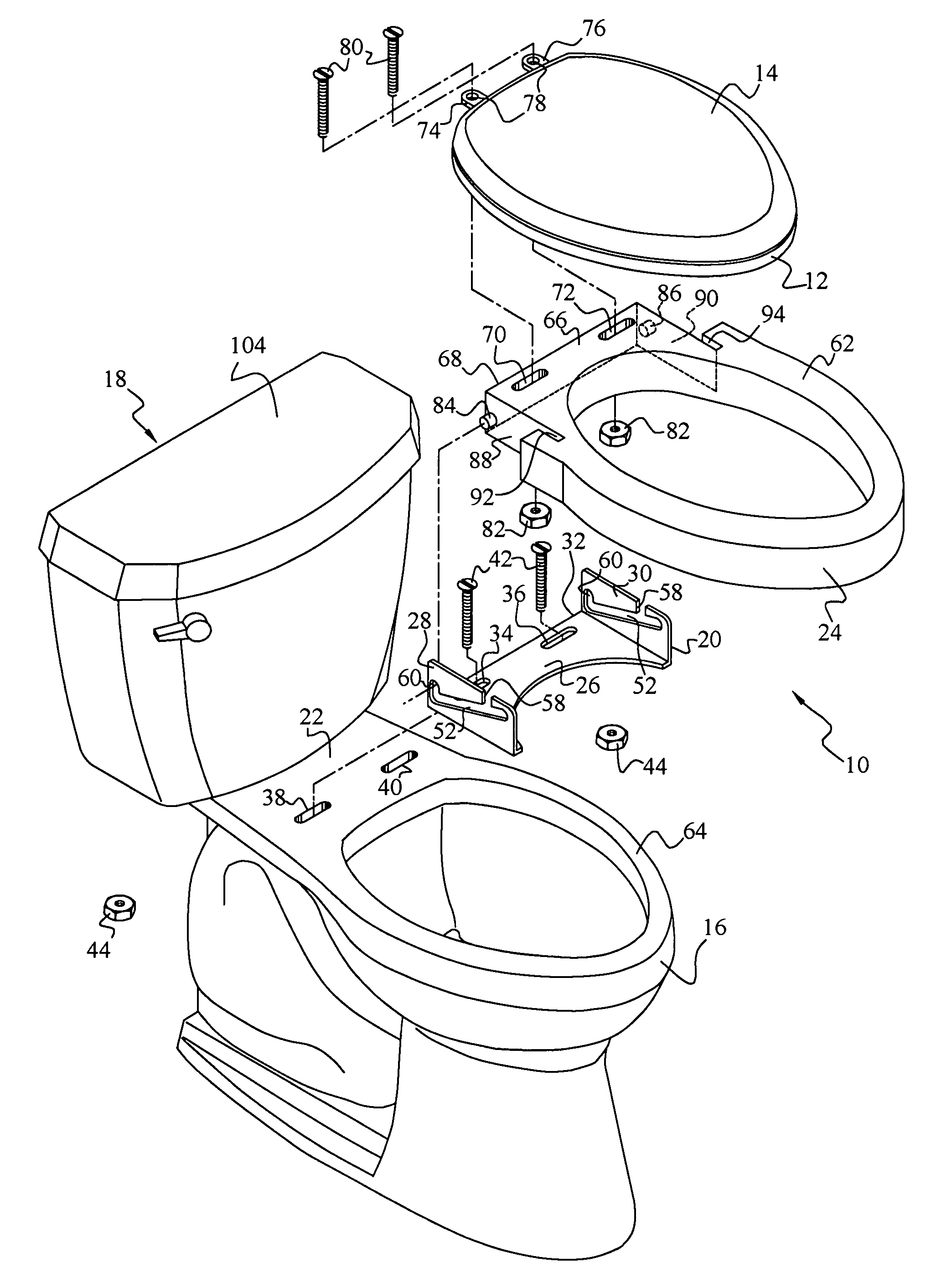 Toilet seat elevator assembly