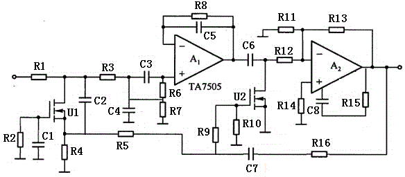 Low-noise amplifier circuit TR (transmitter-receiver) component with TA7505 double amplification structure