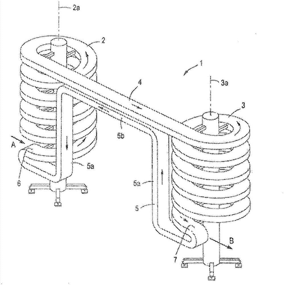 Conveyor comprising two helical tracks connected by a bridging track