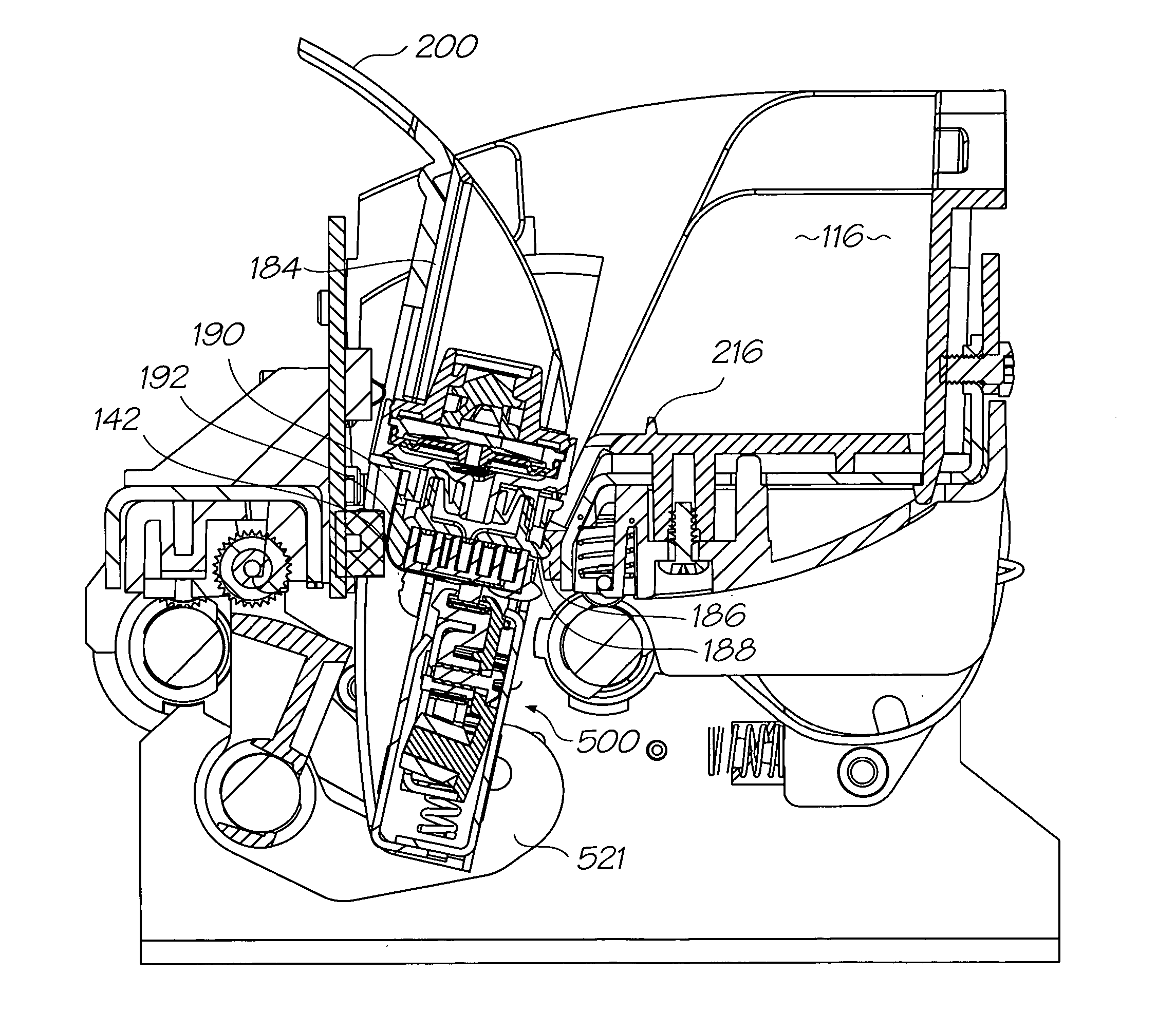 Inkjet printer with printhead cartridge levered into operative position