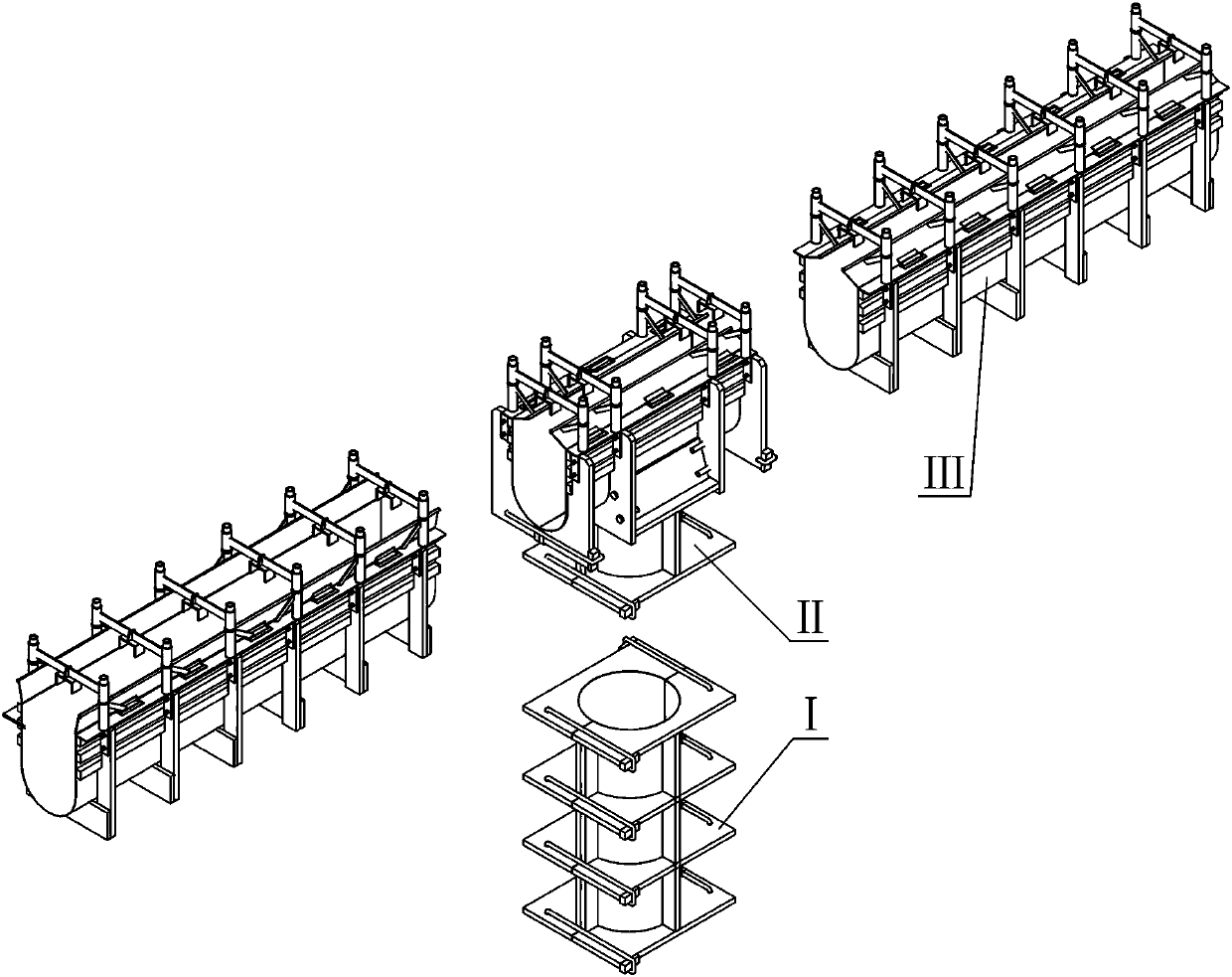 Construction mold for pouring water-cooled column and water-cooled beam of heating furnace and its pouring construction method