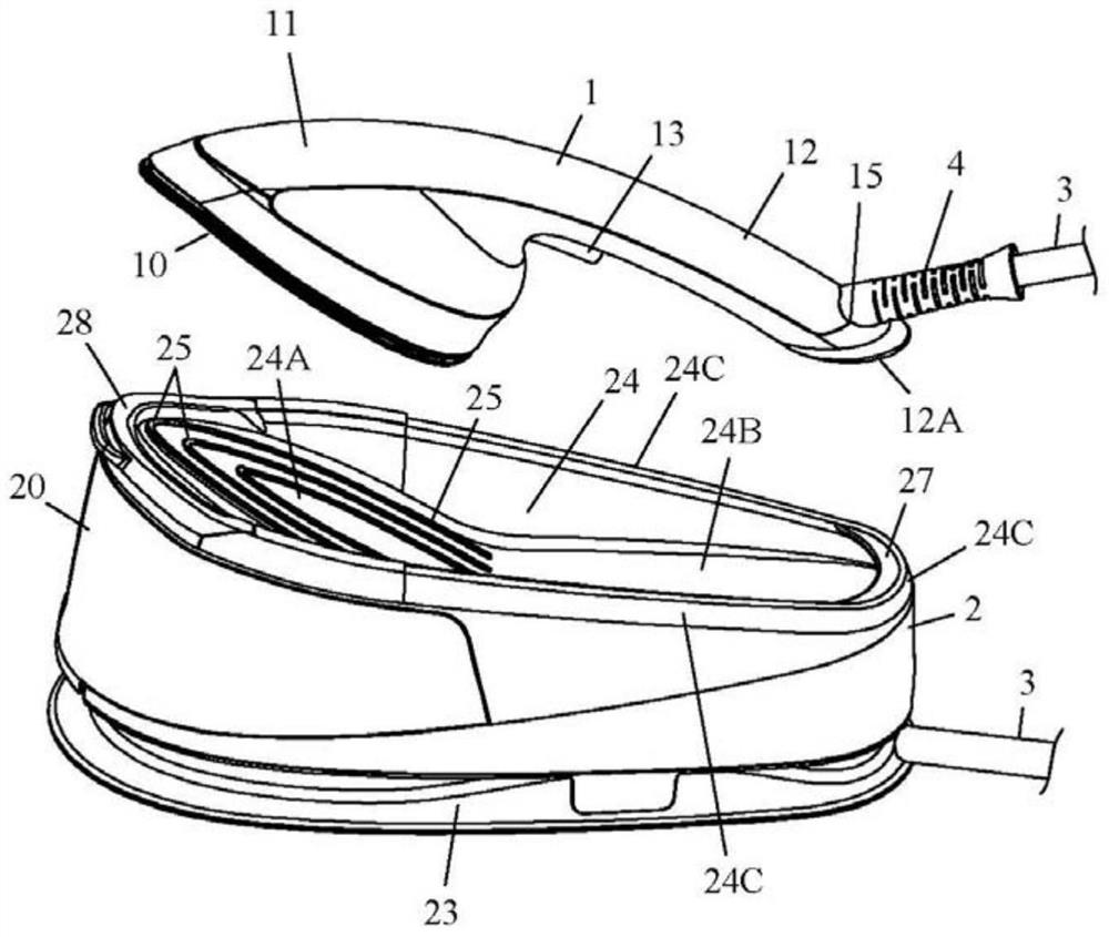 Ironing appliance comprising an iron having a soleplate and a handle arranged cantileverly relative to the soleplate