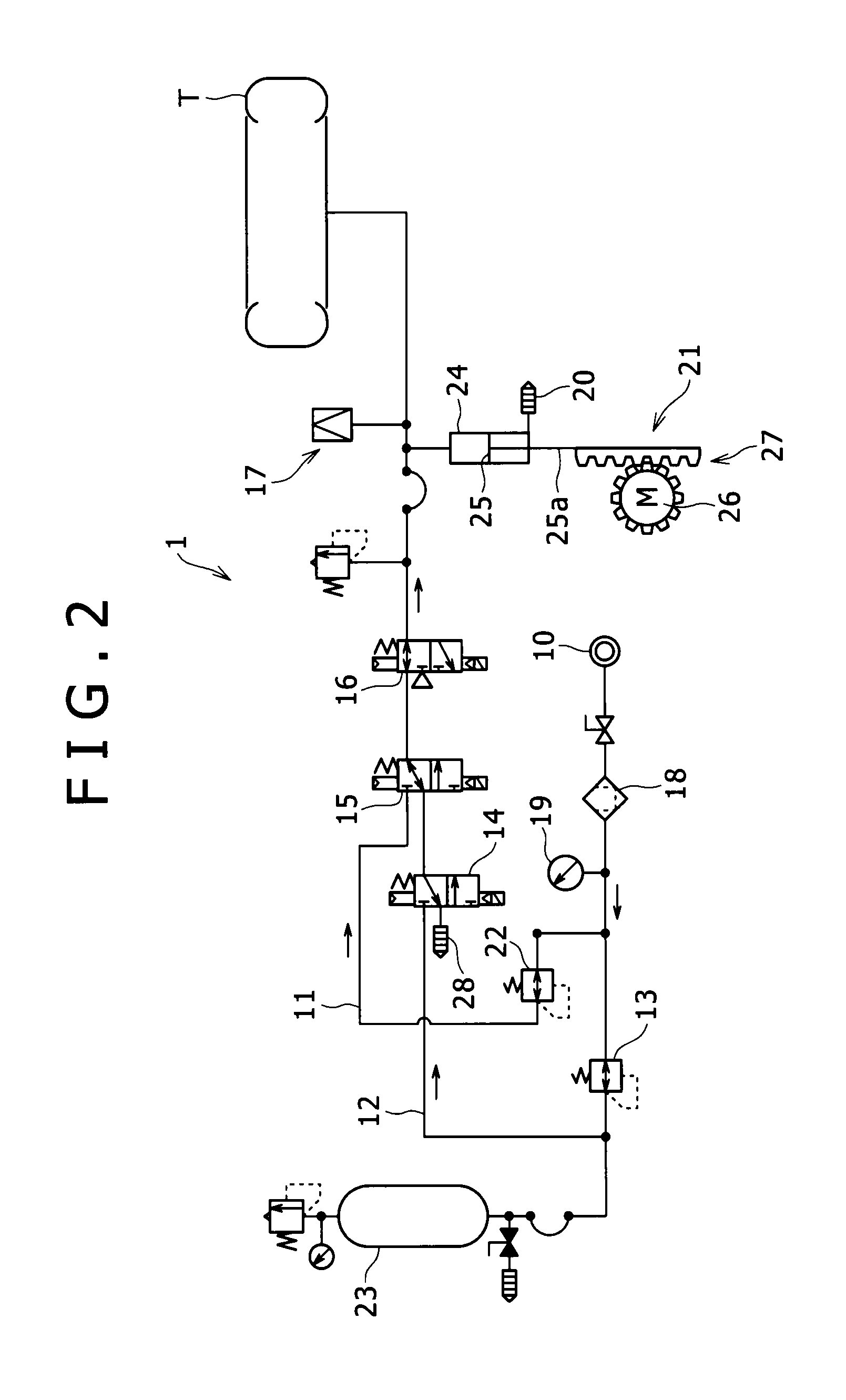 Pneumatic circuit for tire testing device, tire testing device, and tire testing method