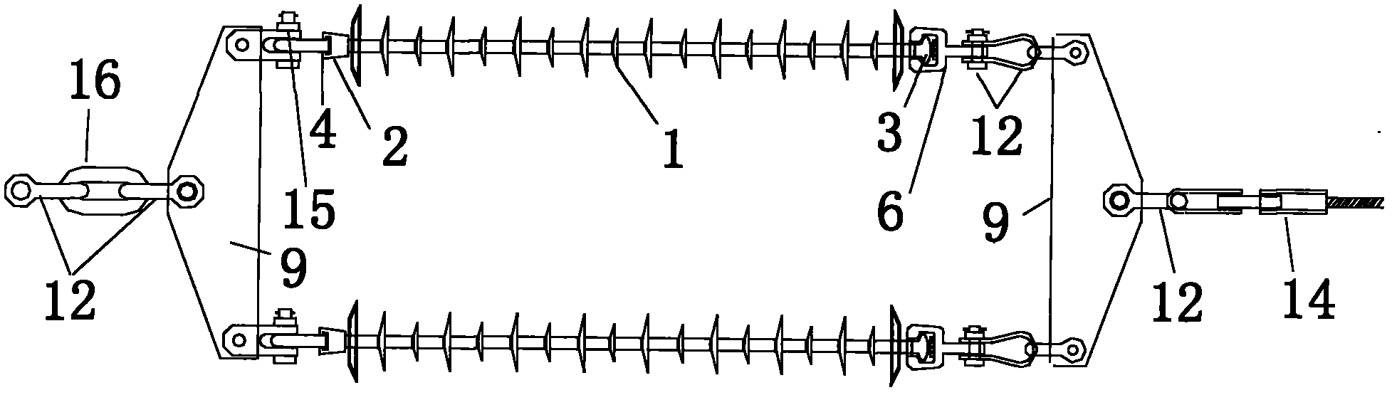 A composite insulator tension string for overhead transmission lines