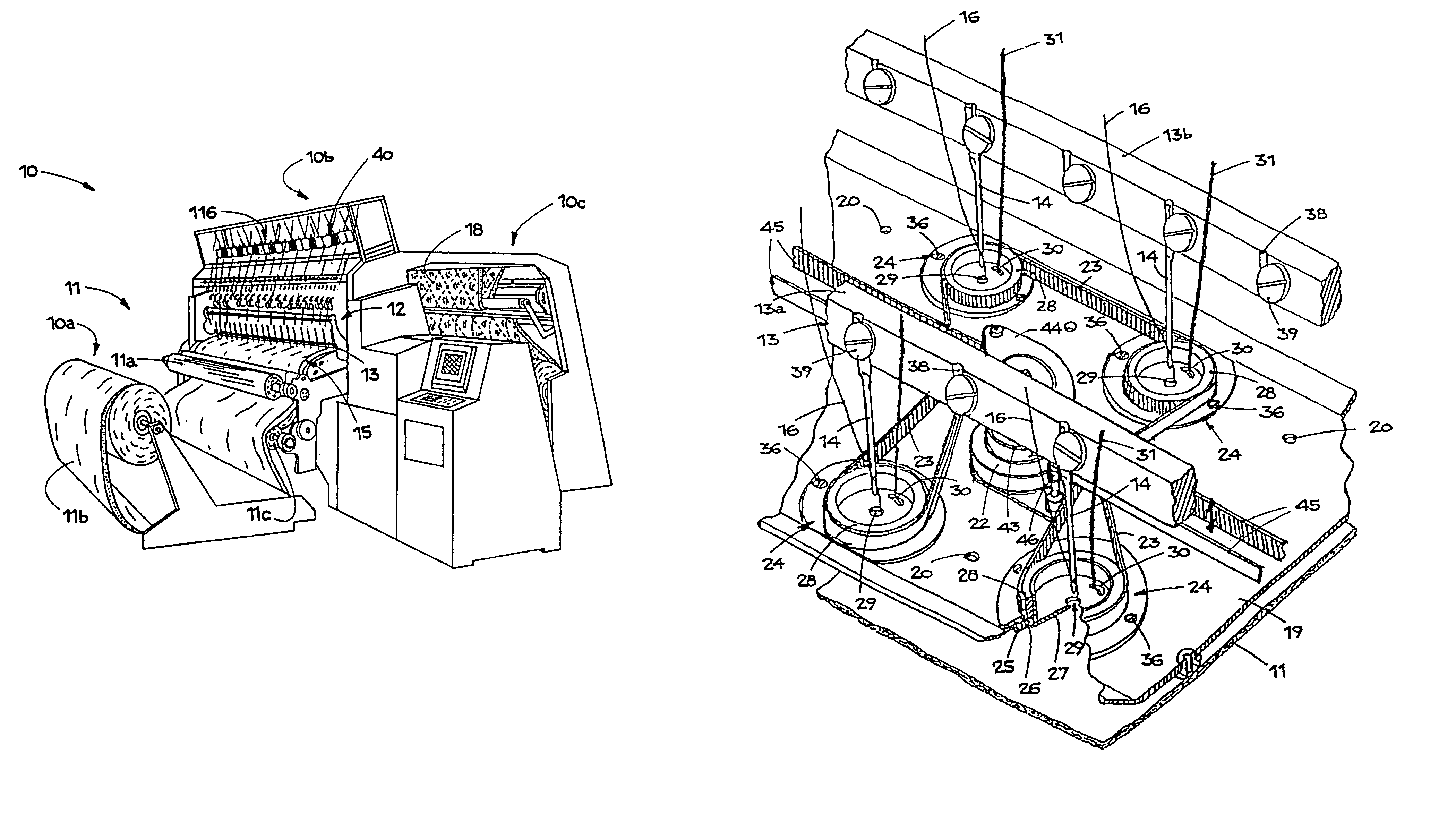 Method and device to apply cord thread or ribbons onto fabrics in a quilting machine