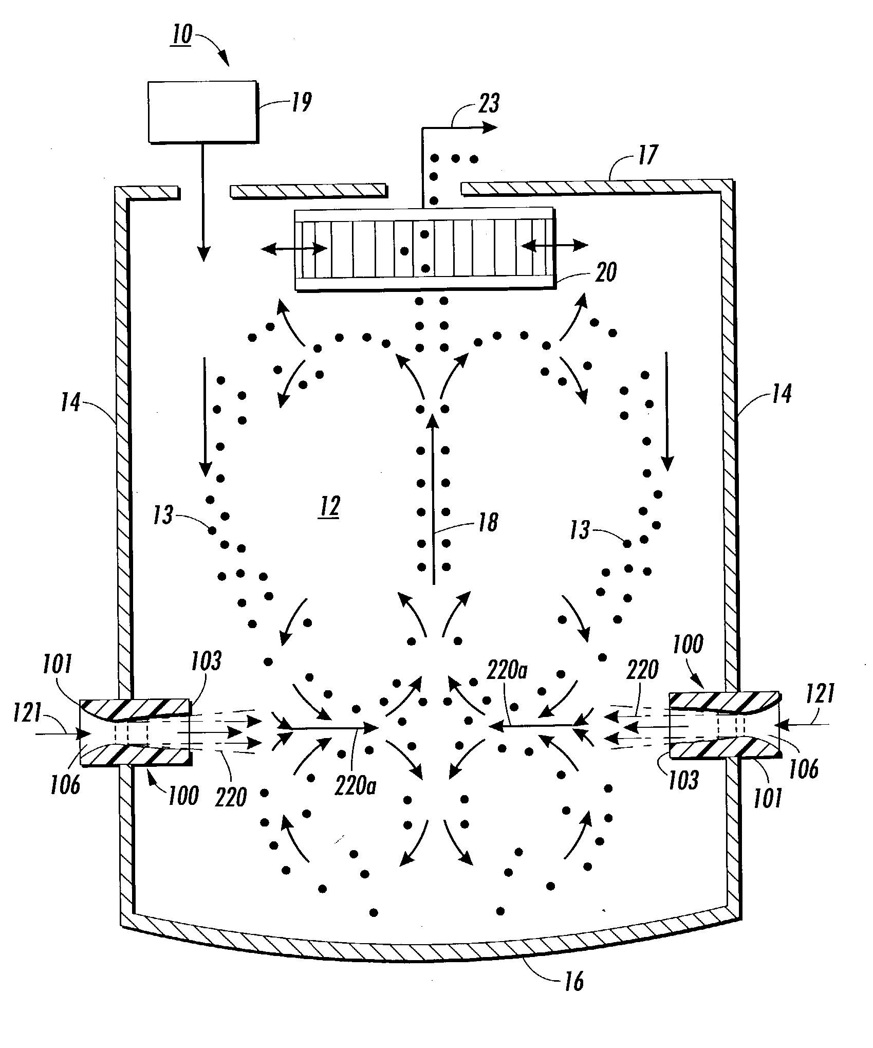 Plural odd number bell-like openings nozzle device for a fluidized bed jet mill