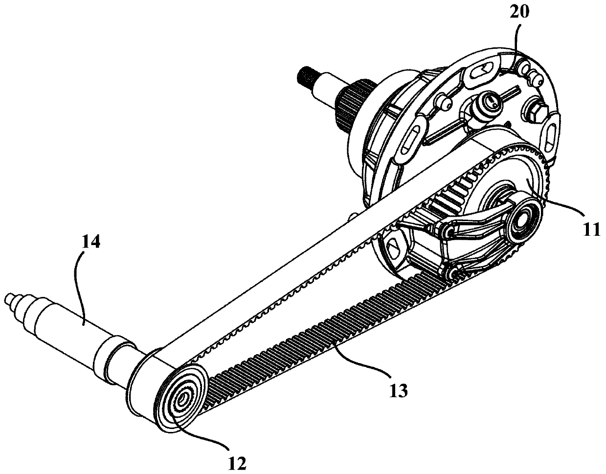 Belt or chain transmission device and motorbike with same