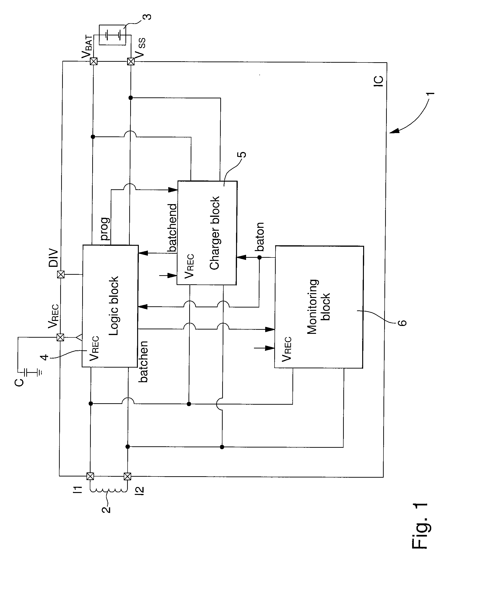 Battery charger operating "all or nothing" with a protective power supply circuit for monolithic integrated circuits using the antenna energy