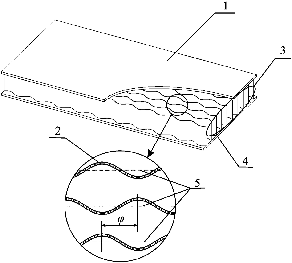 A corrugated channel core sandwich structure and preparation method thereof