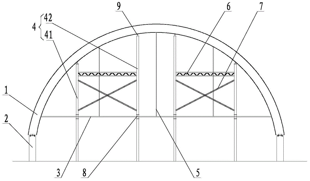 Supporting structure and construction method for arch-rib roof truss sliding construction