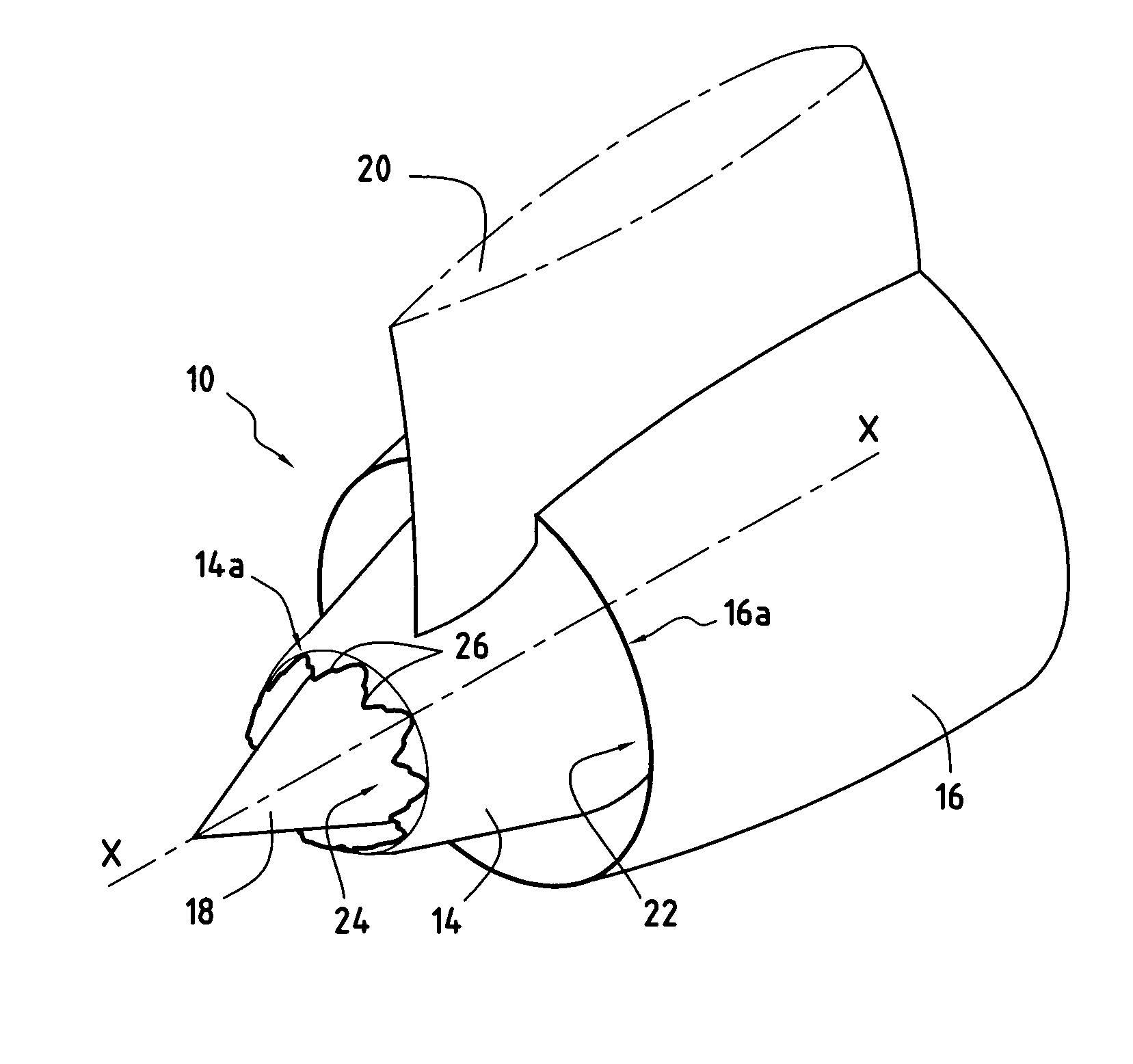 Turbomachine nozzle cover provided with triangular patterns having a point of inflexion for reducing jet noise