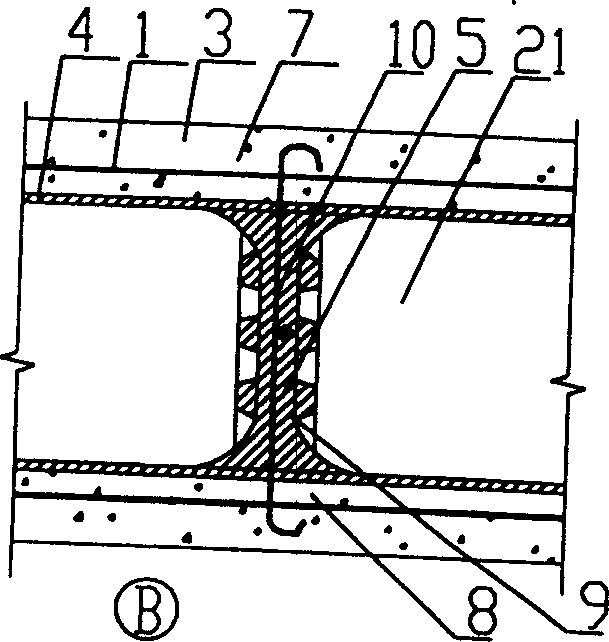 In-situ deposited plate concrete roof with prefabricated combined hollow steel bar structure