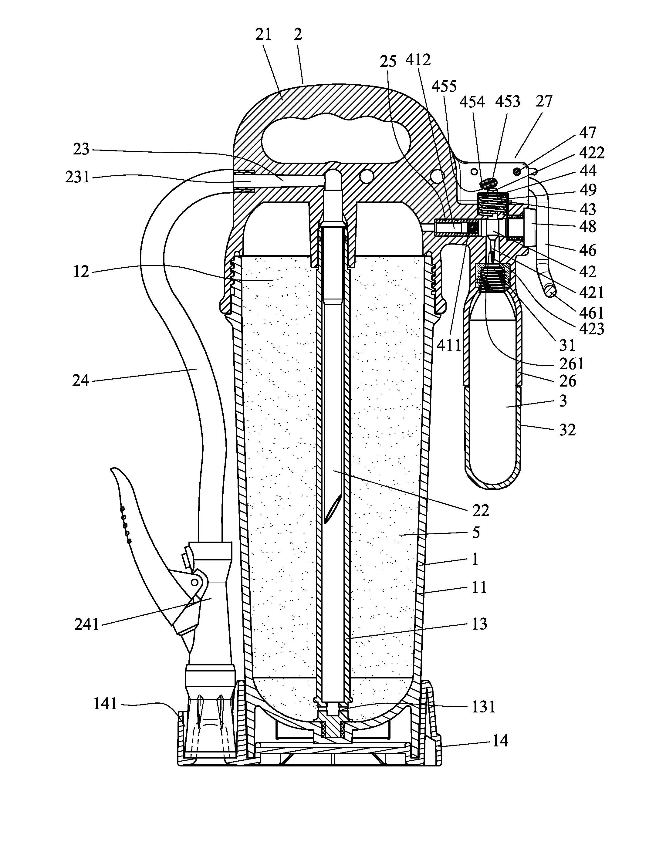 Gas inlet structure for a fire extinguisher