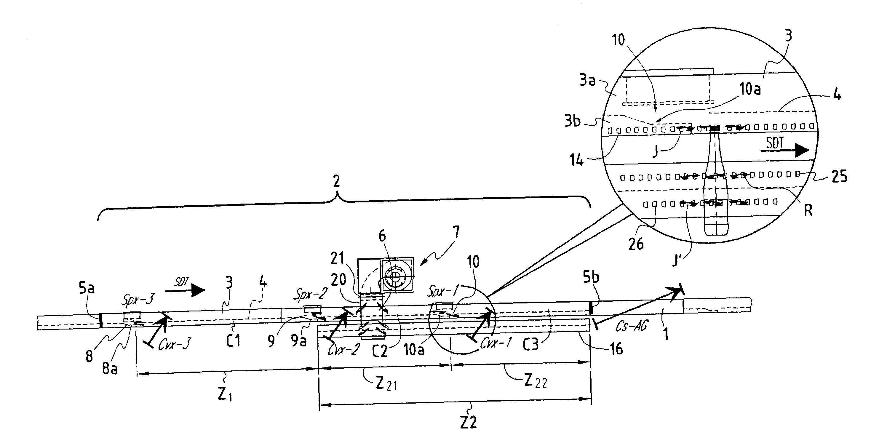 Method for forming a train of suspended objects transported under the influence of air jets, and conveying section for carrying out said method