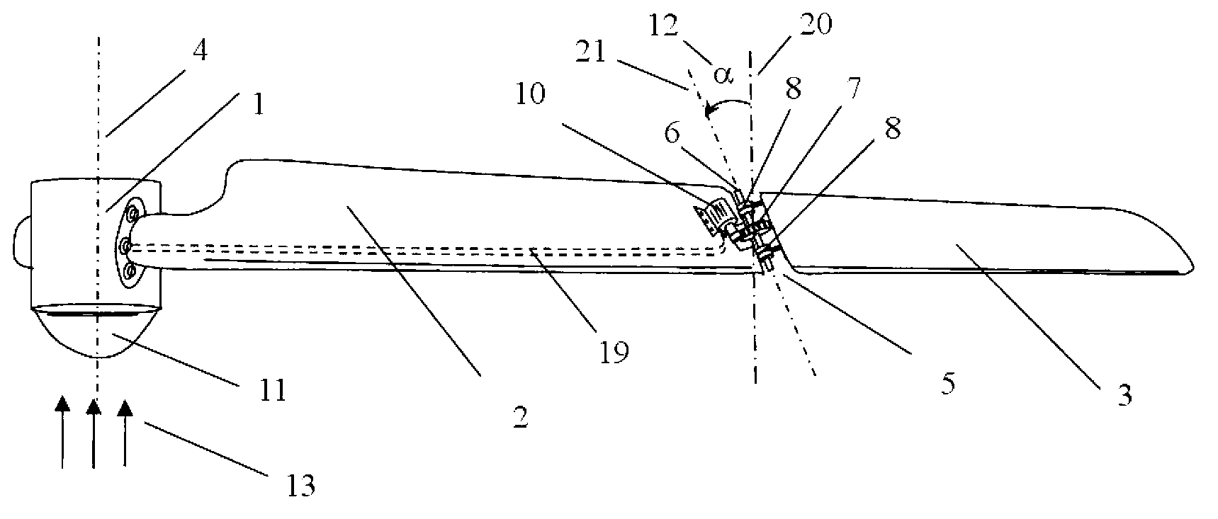 Two-sectional inclined folding blade device for large wind-driven generator