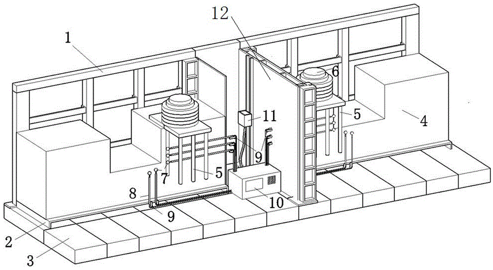 Model test device for influences of open cut foundation pit on nearby building foundation and operation method