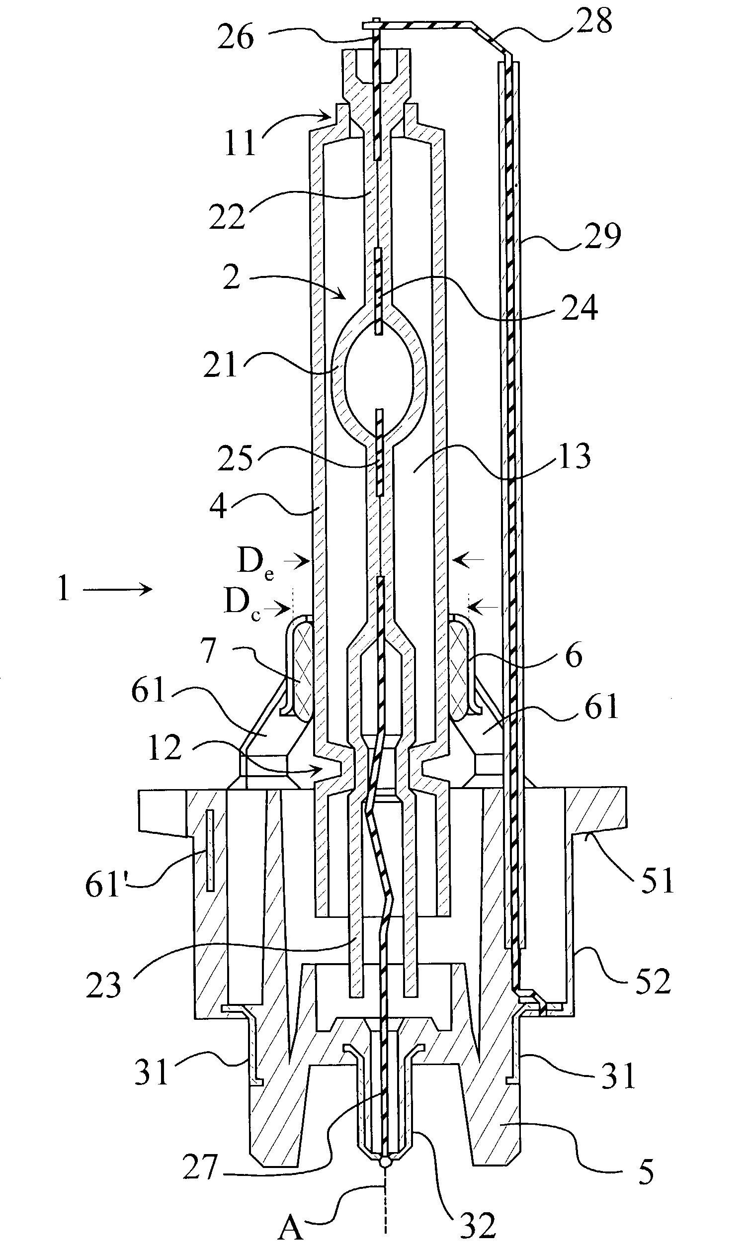 Discharge lamp with bulb fixture arrangement and method for manufacturing the same