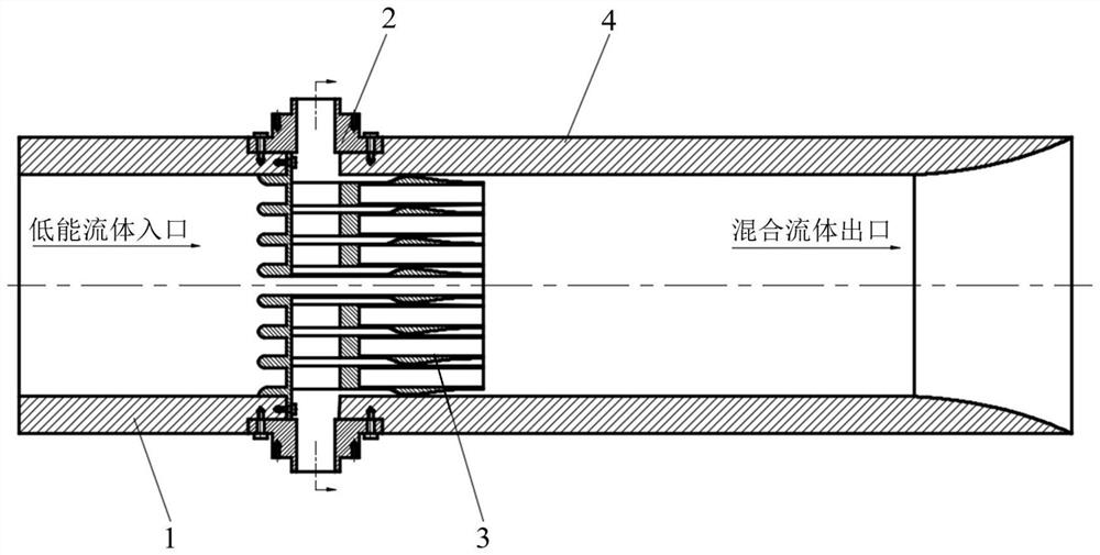Distributed two-dimensional spray pipe ejector device