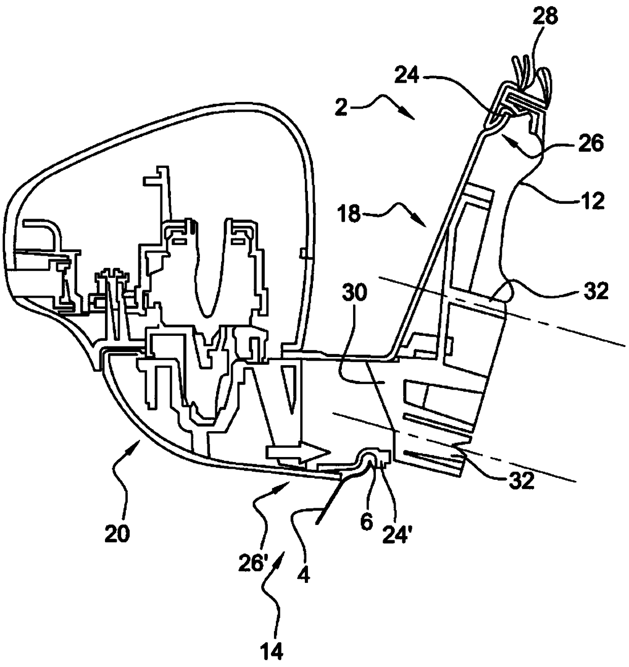 Base for motor vehicle side view mirror, comprising a hook for temporary attachment