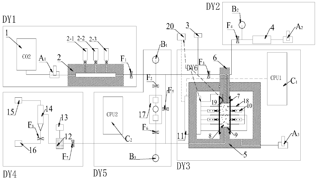 Experimental device and method for energy-gathering miscible fluid and rock mass cracking reaction flow