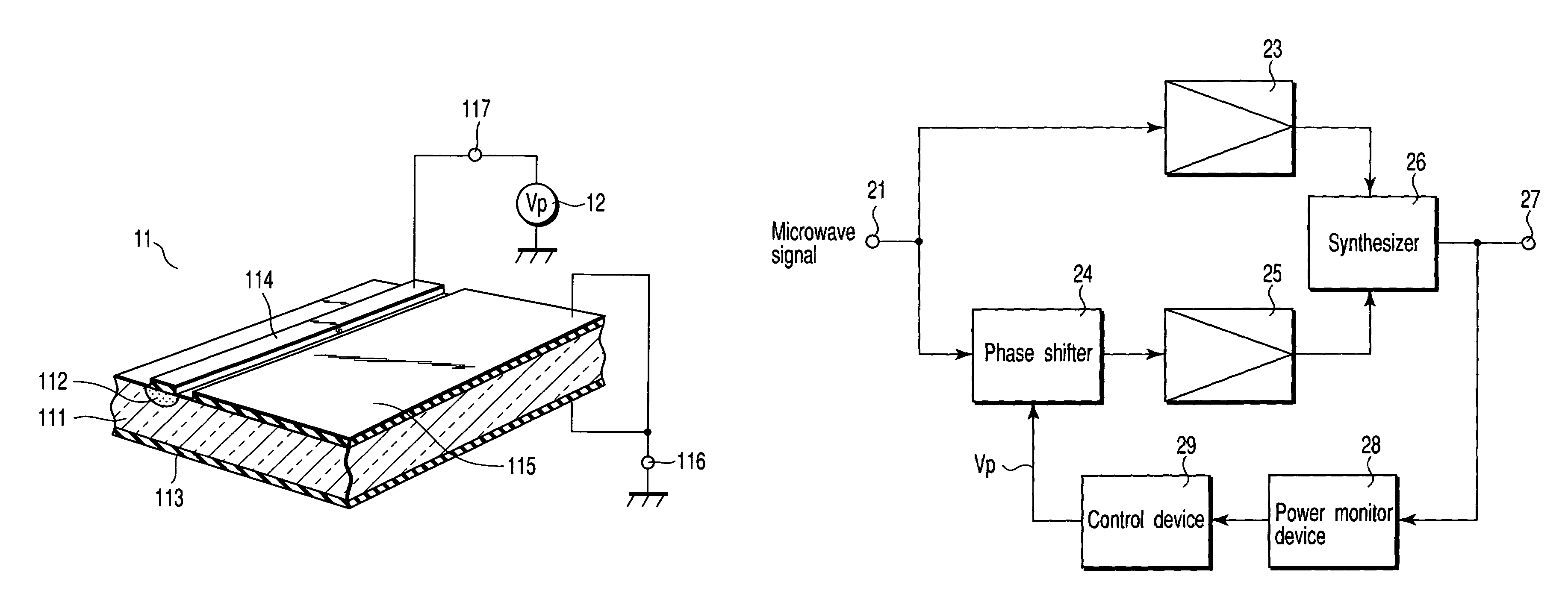 Microwave phase shifter having an active layer under the phase shifting line and power amplifier using such a phase shifter