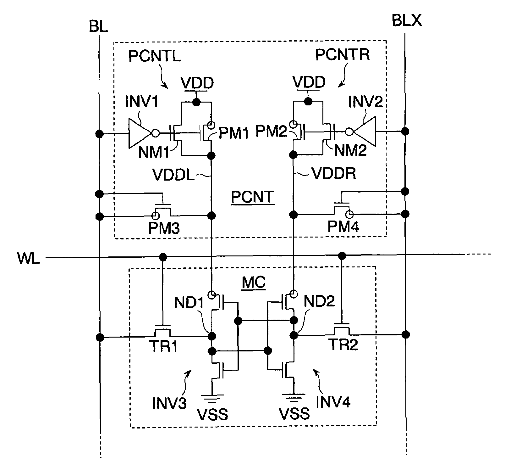 Write margin of SRAM cells improved by controlling power supply voltages to the inverters via corresponding bit lines