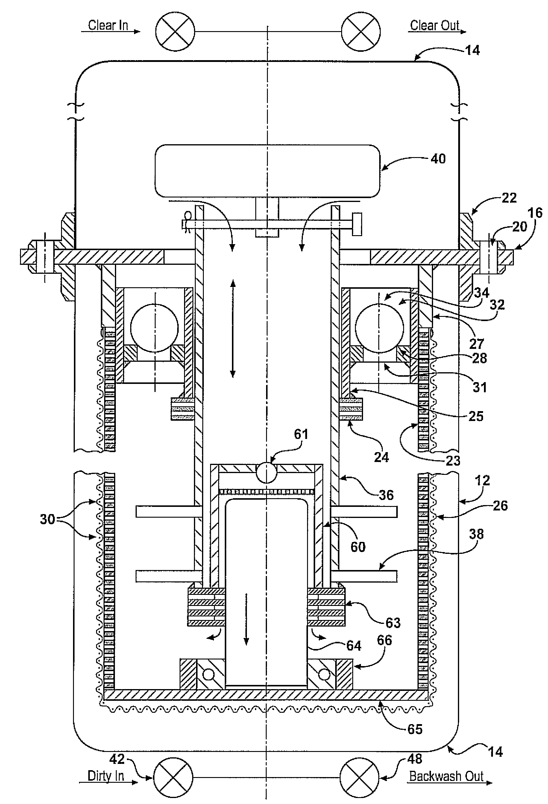 Apparatus for cleaning stationary, permanent vertical cylindrical cartridges incorporating a float affixed to a central and linearly traversable backwash tube incorporating spray nozzles to induce rotation