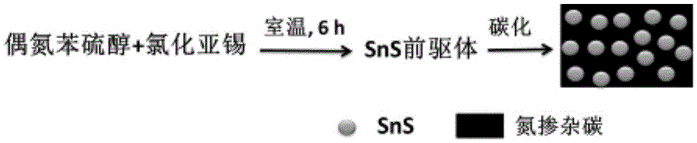 Preparation method of anode material, namely nitrogen-doped SnS/C composite nanomaterial for lithium battery