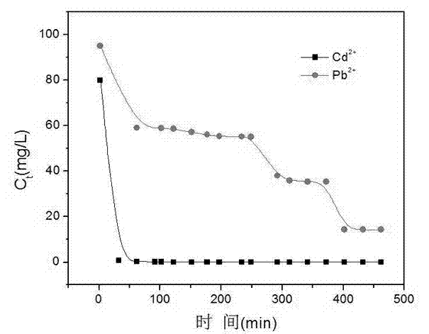 Method for separating heavy metals lead and cadmium by using biological adsorbent packed column