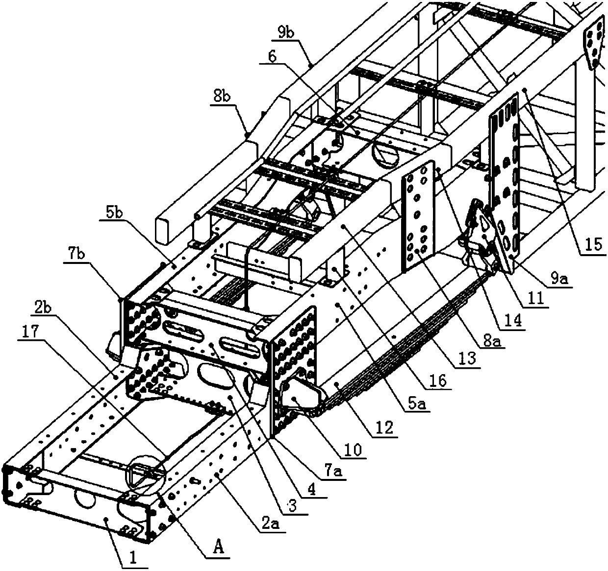 Front section assembly of leaf spring suspension chassis frame of passenger car with low driving area