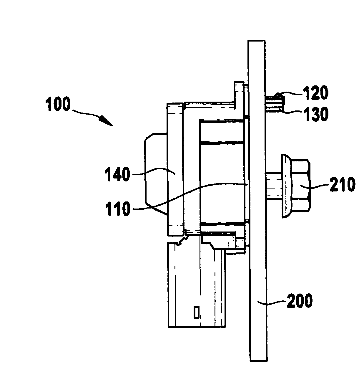 Fastening device and method for fastening an element in a key-hole shaped cut-out of a wall