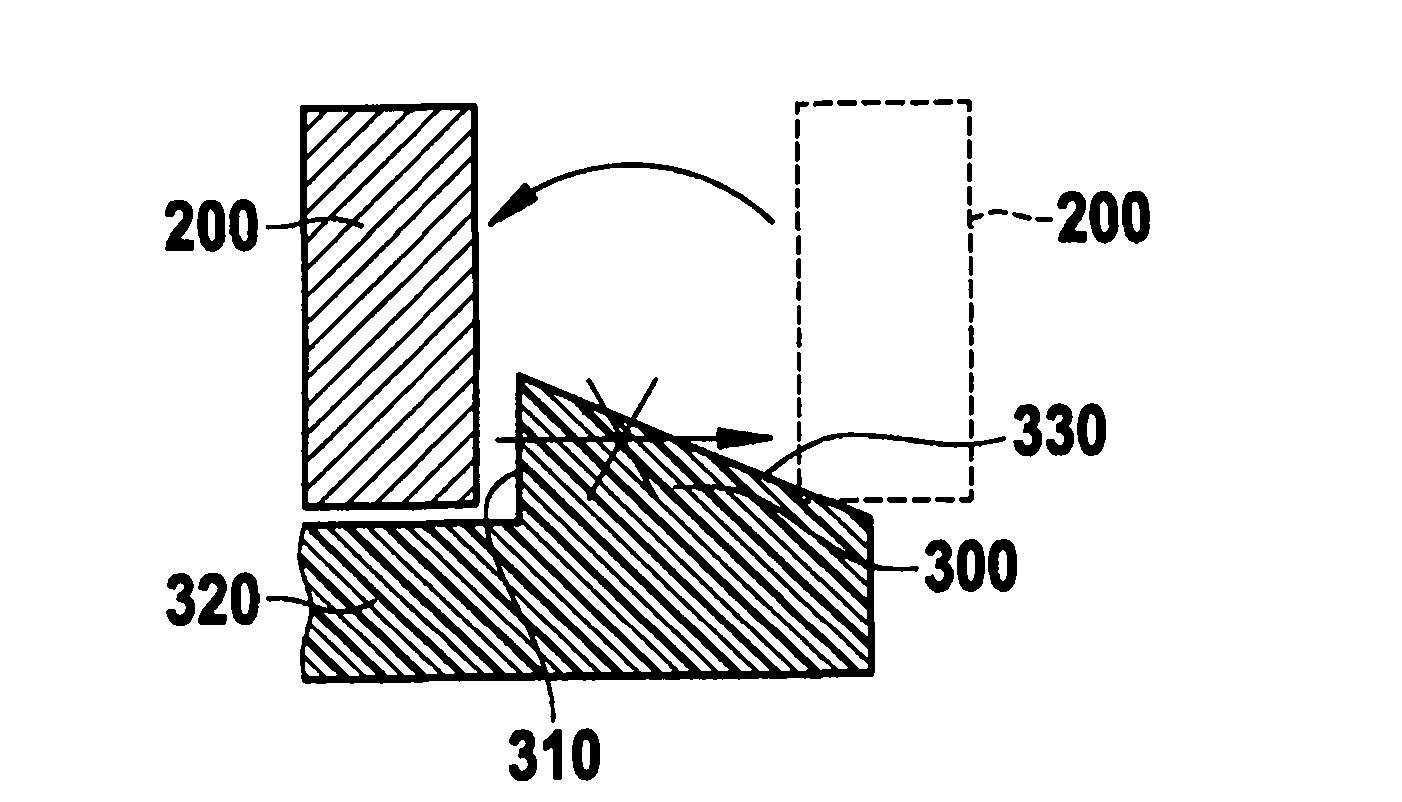 Fastening device and method for fastening an element in a key-hole shaped cut-out of a wall