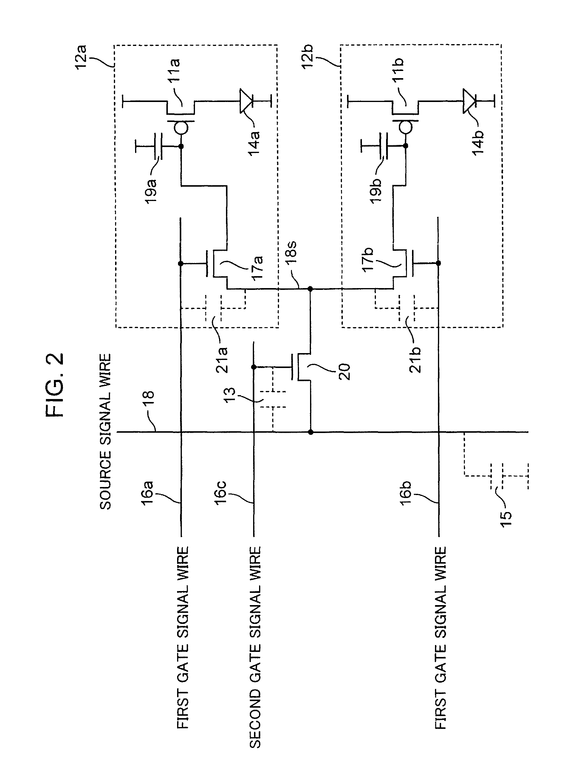 Display device and method for driving same having selection control wire for scanning wires and secondary data wire