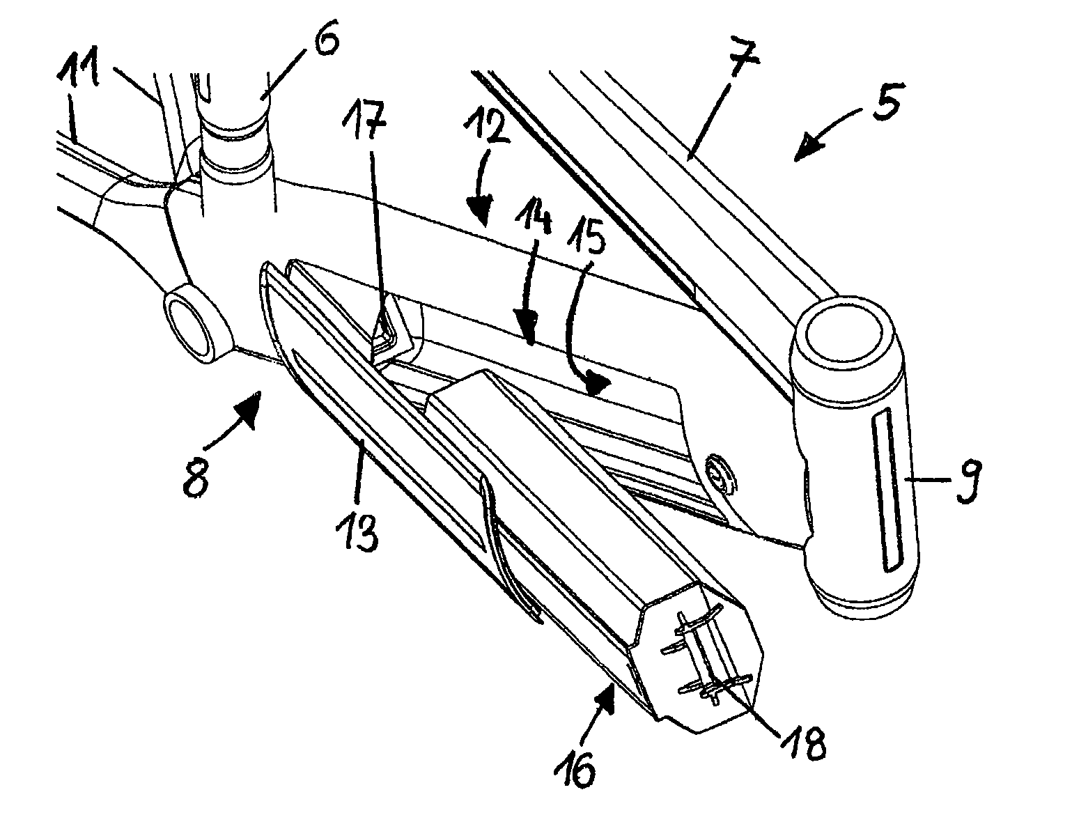 Bicycle frame for receiving a battery unit and associated battery unit
