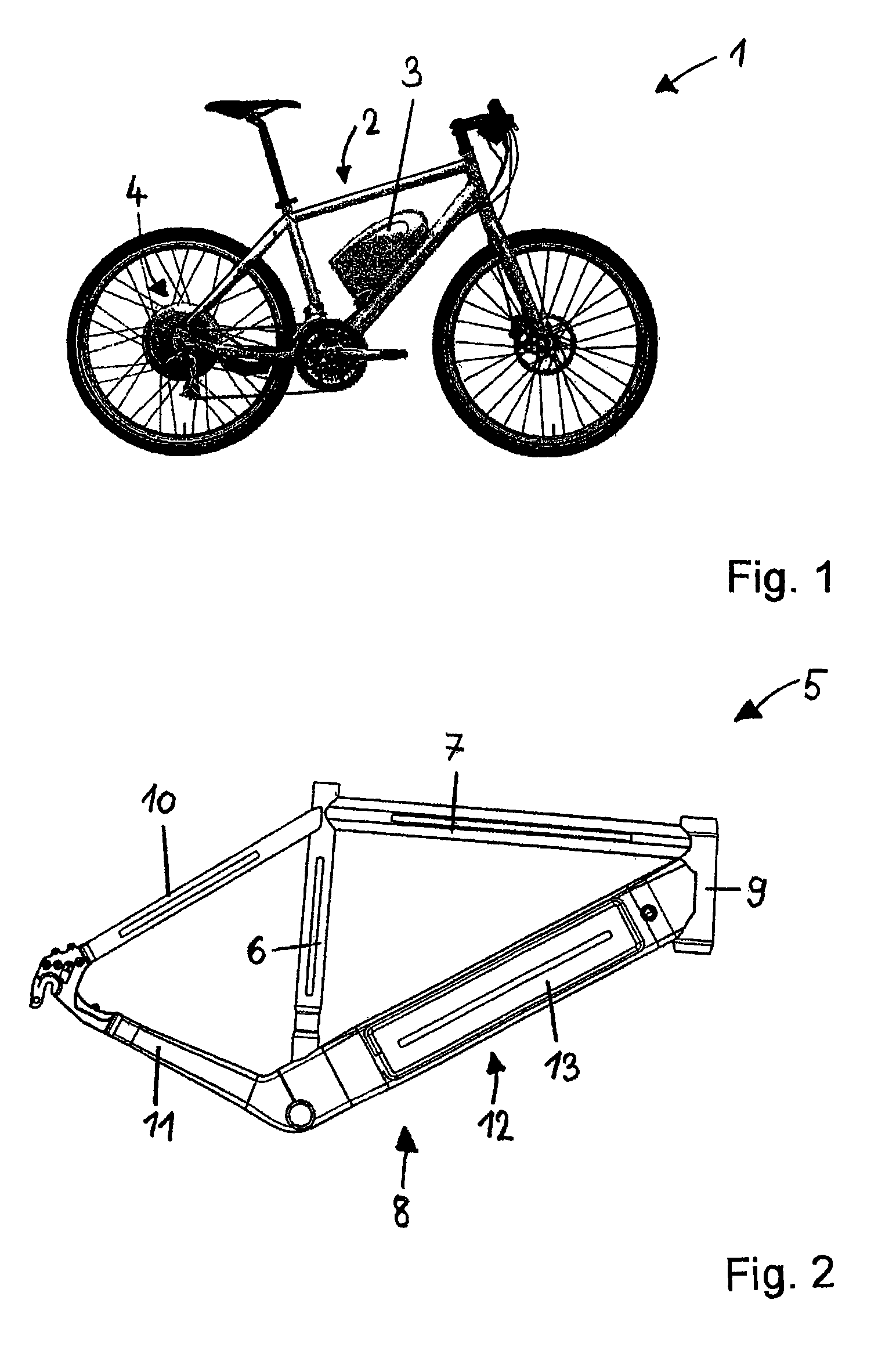 Bicycle frame for receiving a battery unit and associated battery unit