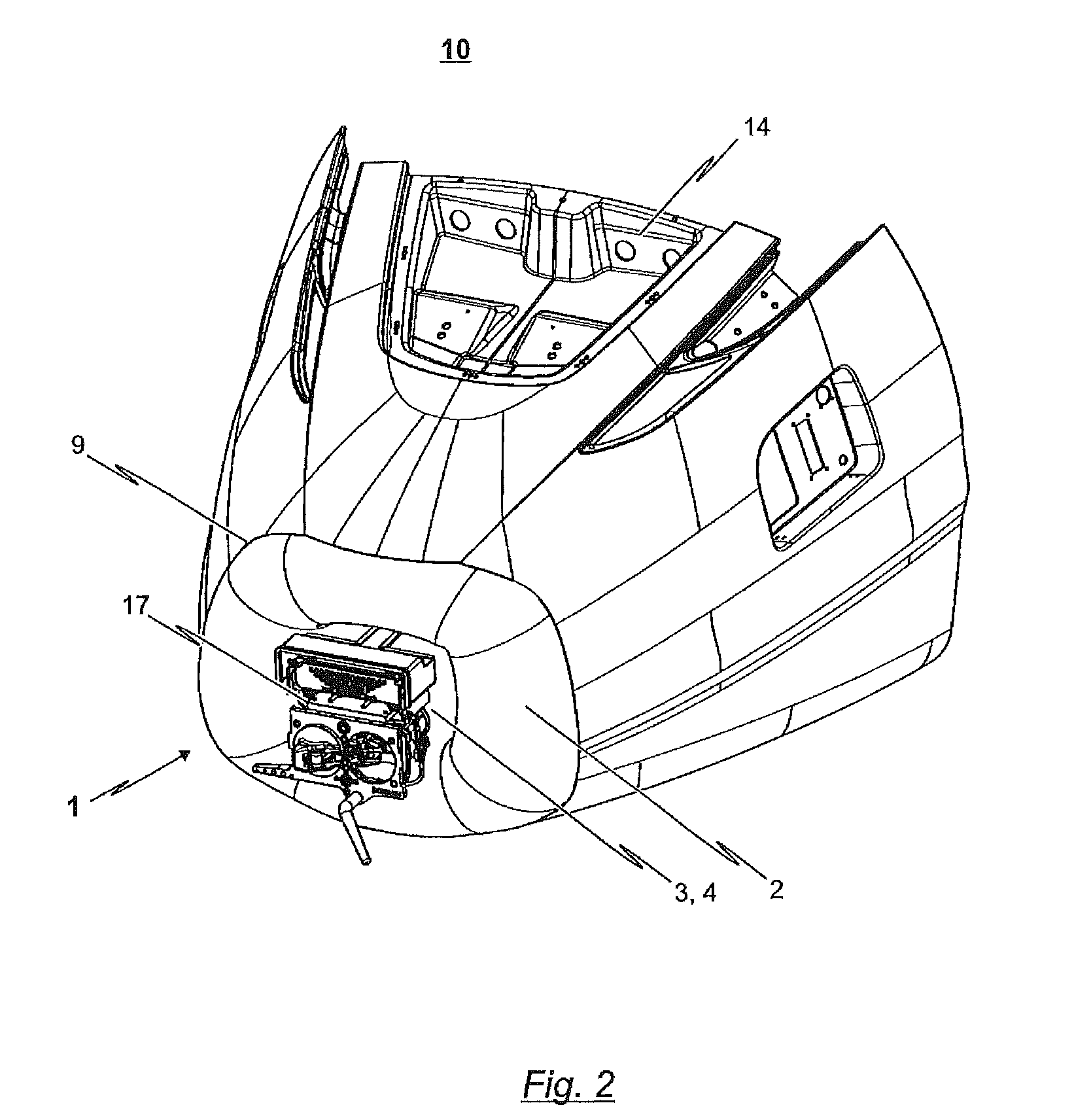 Device for the on-demand sealing of an opening provided in the frontal region of a track-guided vehicle, a front nose module having such a device, and a track-guided vehicle having such a front nose module