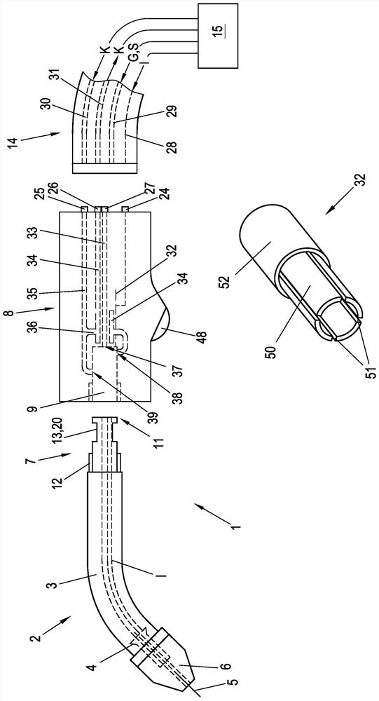 Mig/mag welding torch body, wig welding torch body, mig/mag welding torch handle, and mig/mag welding torch comprising such a mig/mag welding torch body and mig/mag welding torch handle