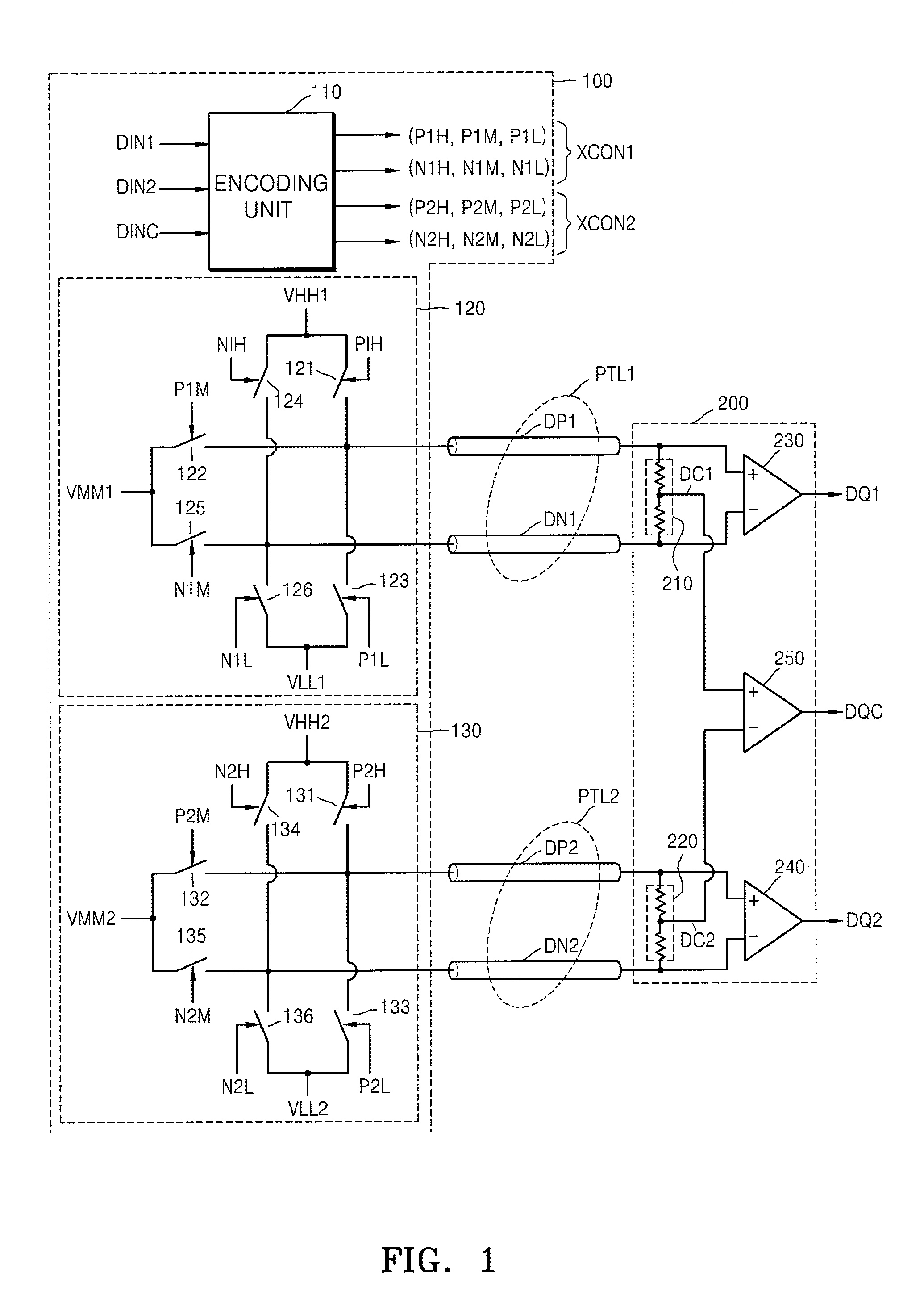 Differential data transferring system and method using three level voltages
