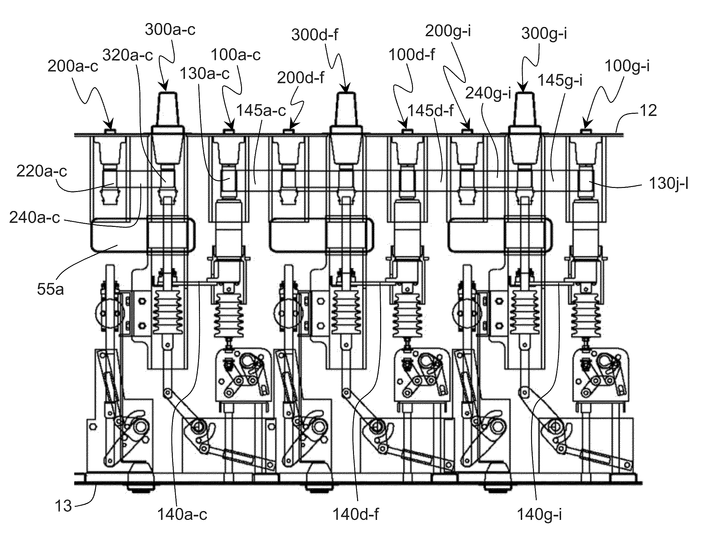 Three-phase, multi-way vacuum interrupter switchgear with internal ground switches