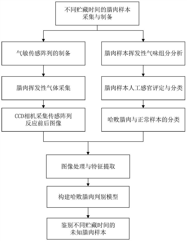 A device and method for the detection of cured pork meat based on a visual gas-sensing array