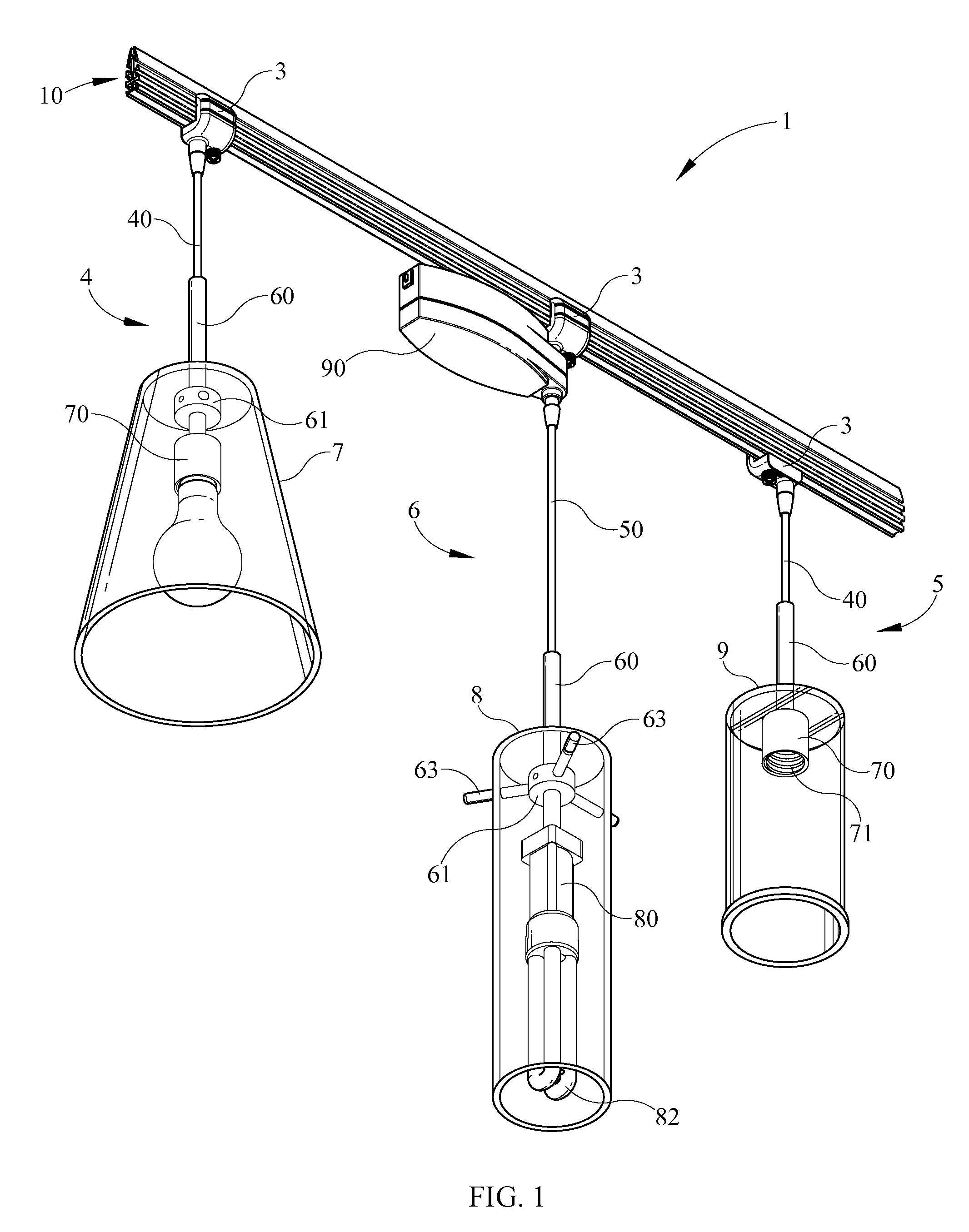 Track lighting system with dependent lamp cord