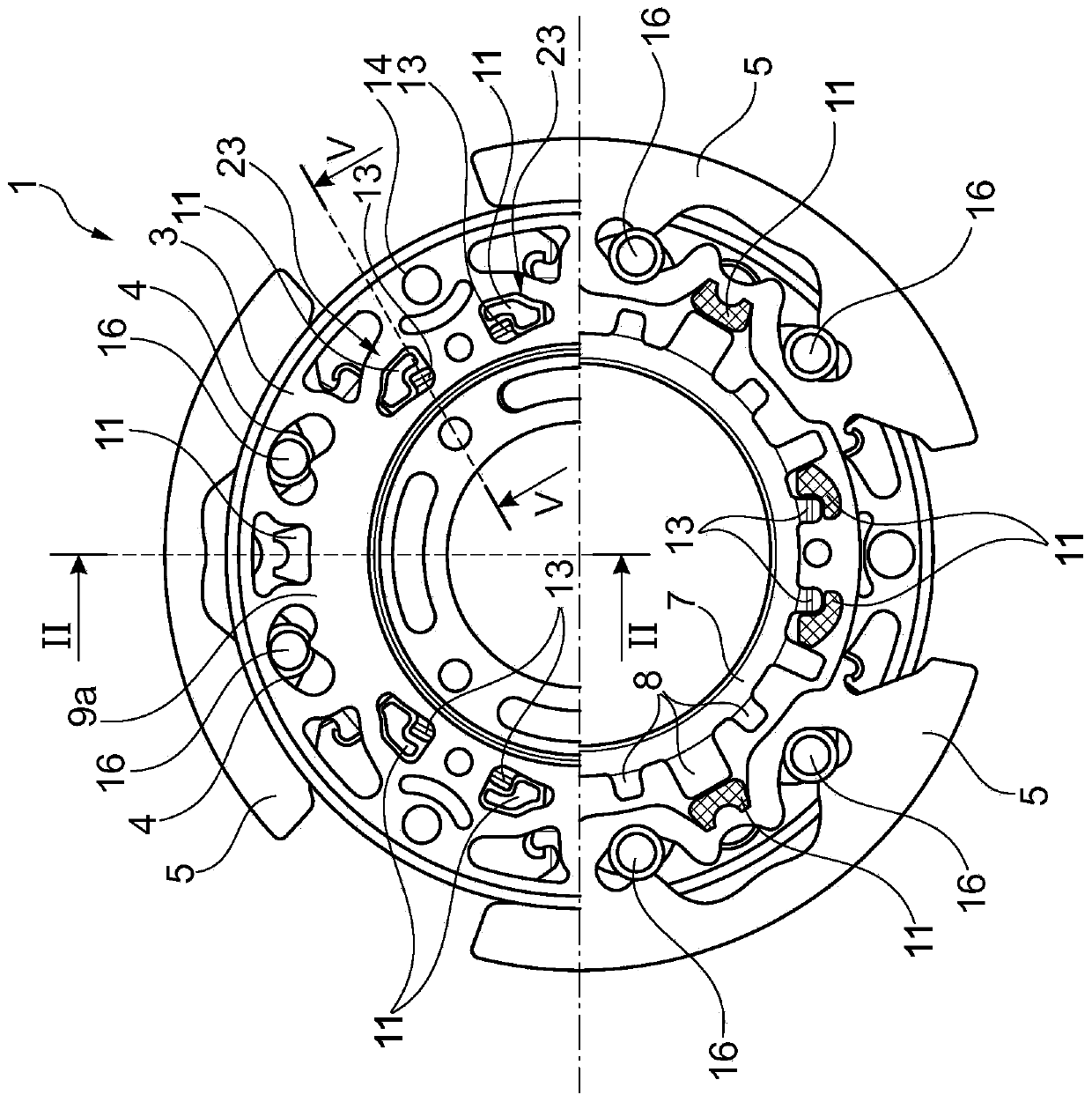 Centrifugal pendulum device with a diaphragm spring for generating frictional resistance, clutch plate, and powertrain