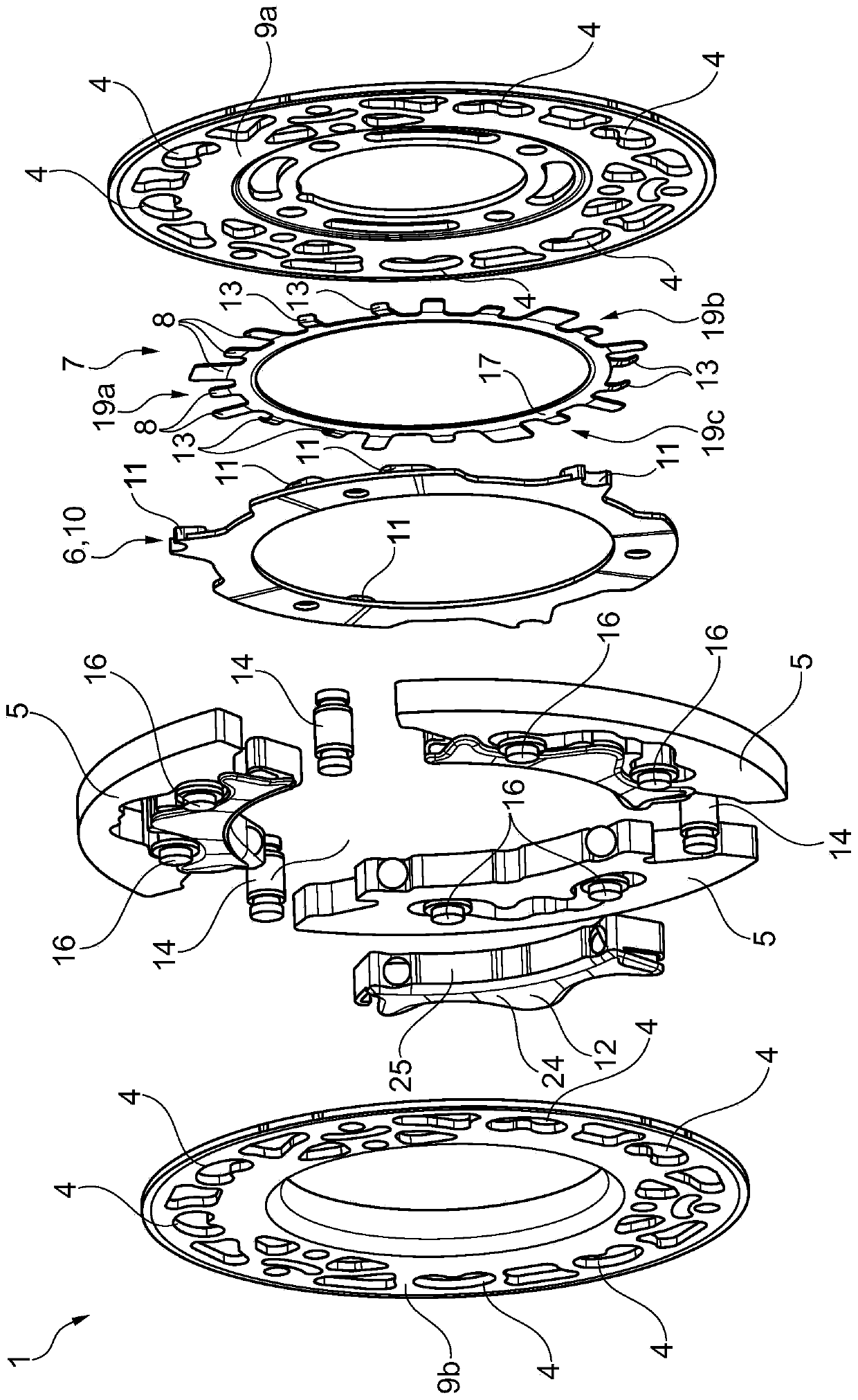 Centrifugal pendulum device with a diaphragm spring for generating frictional resistance, clutch plate, and powertrain