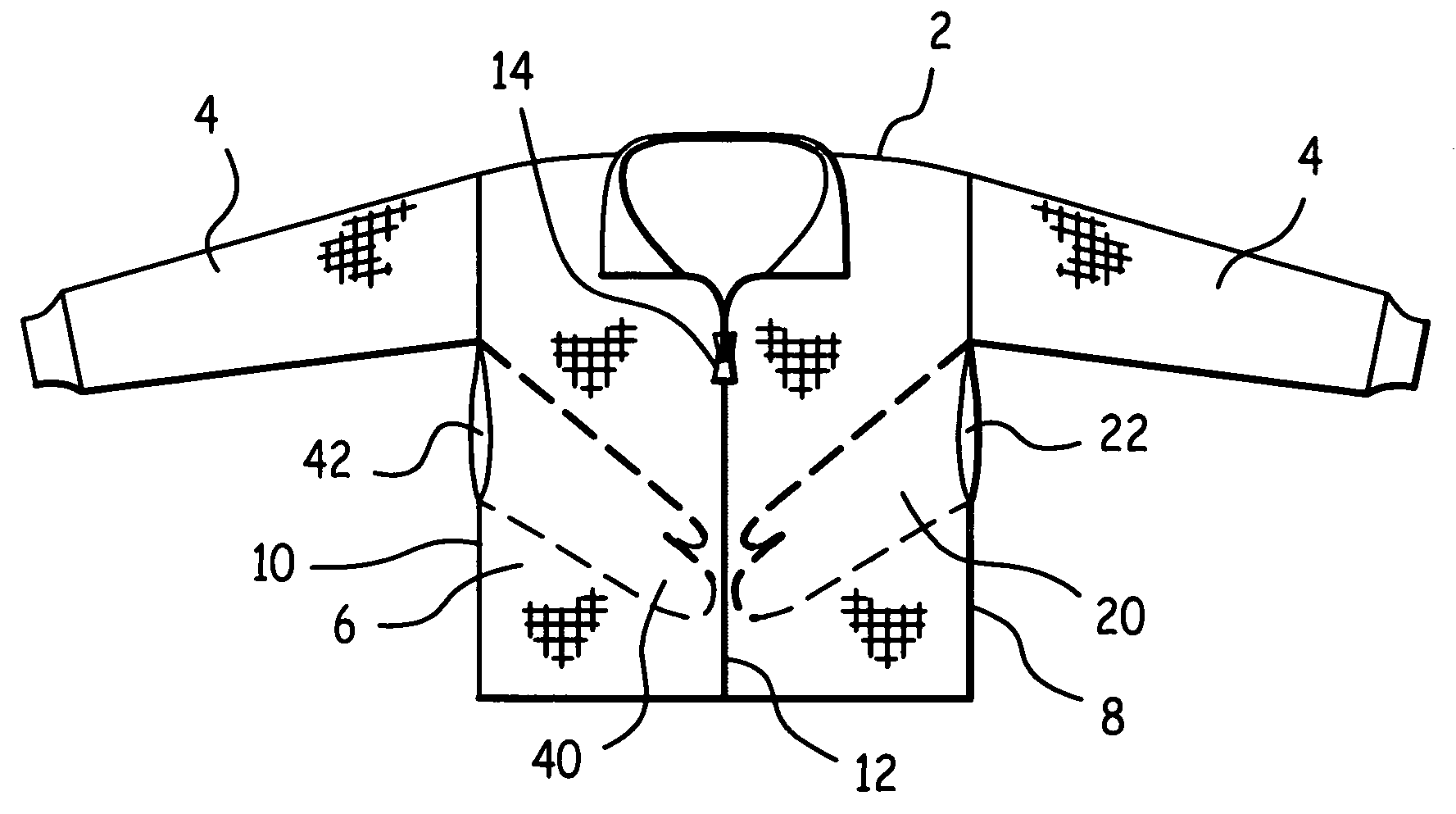 Garment with underarm externally accessible breast pockets and method of use