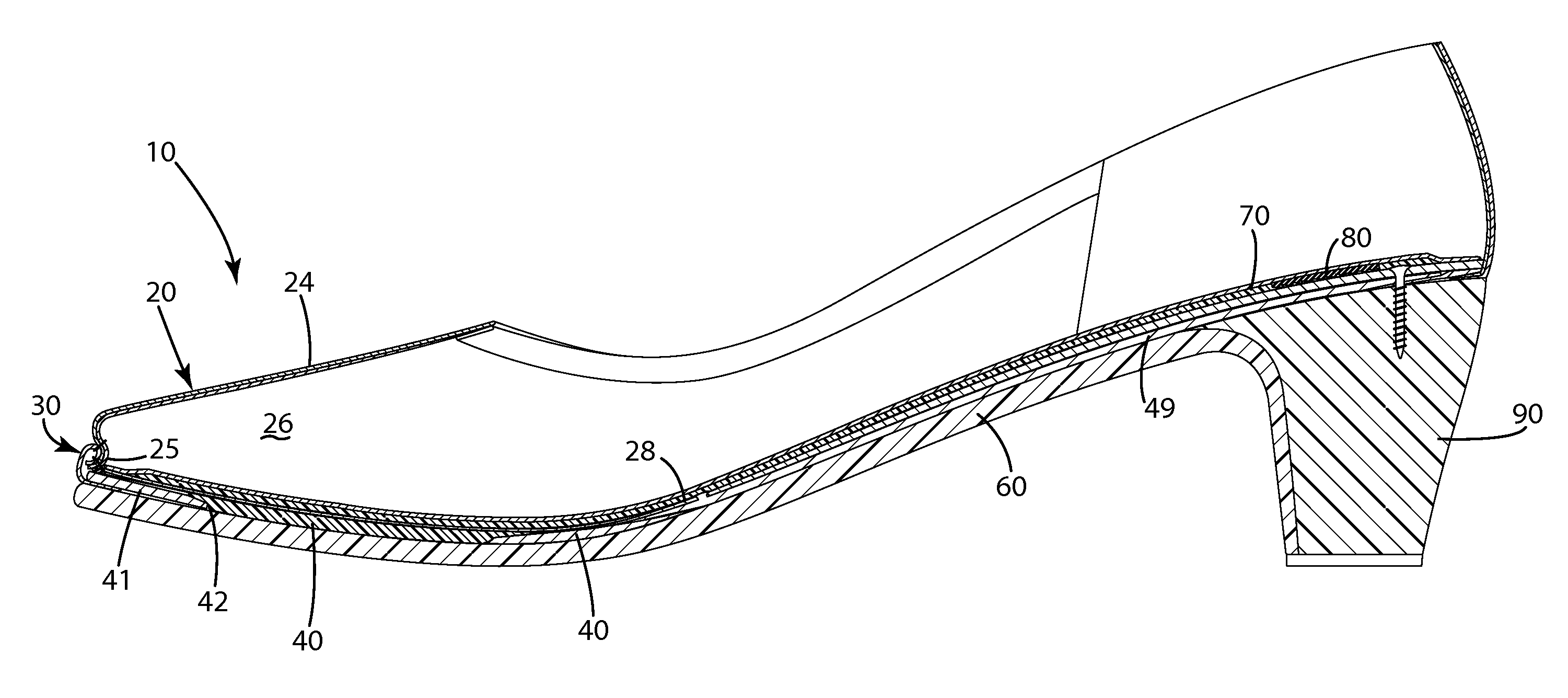 Platform footwear construction and related method